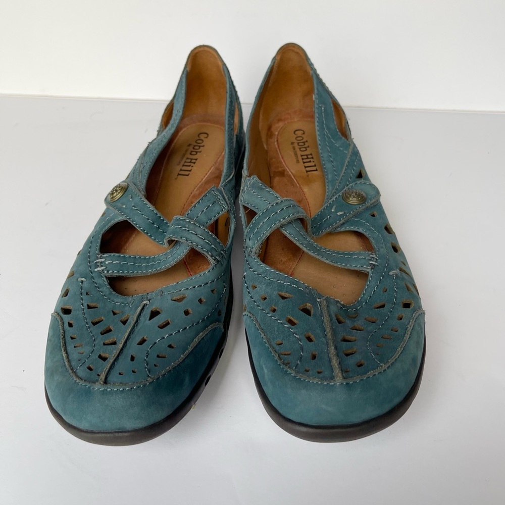 Cobb Hill New Balance Teal Suede Criss Cross Mary Janes Velcro Strap Sandals - Picture 4 of 10